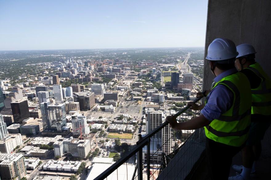 A view of downtown Austin from the top floor of the Waterline building on Thursday, July 31, 2025. Lorianne Willett/KUT News