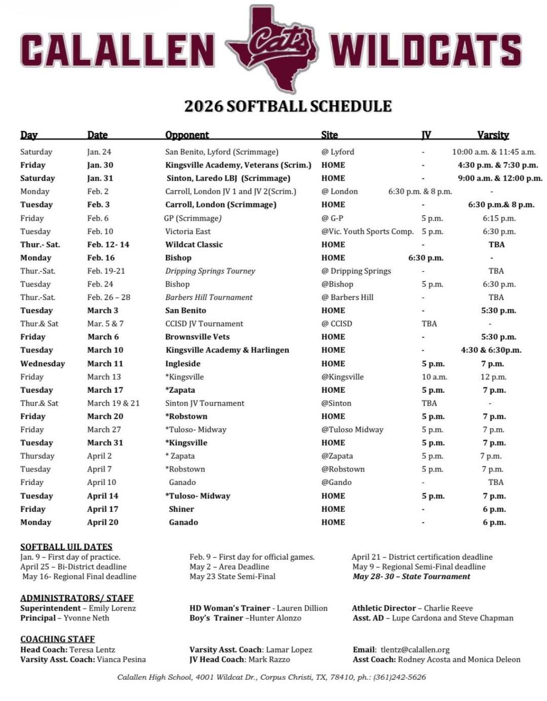 Calallen softball 2026 schedule