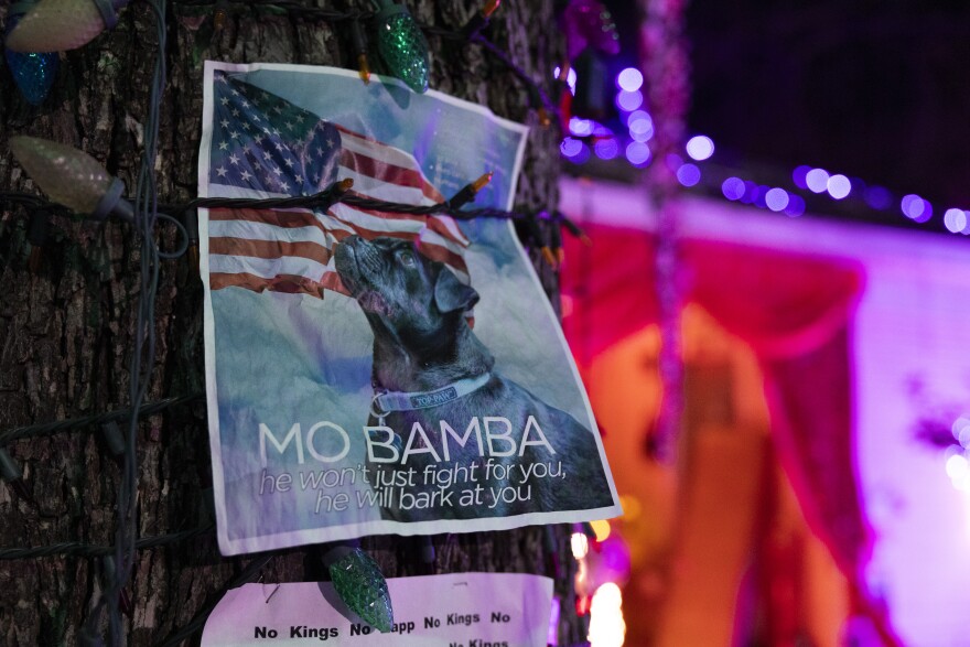 A campaign sign for a dog named Mo Bamba hangs on a tree. The piece of paper shows a dog looking up with the U.S. flag in the background and the words "Mo Bamba. He won't just fight for you, he will bark at you."