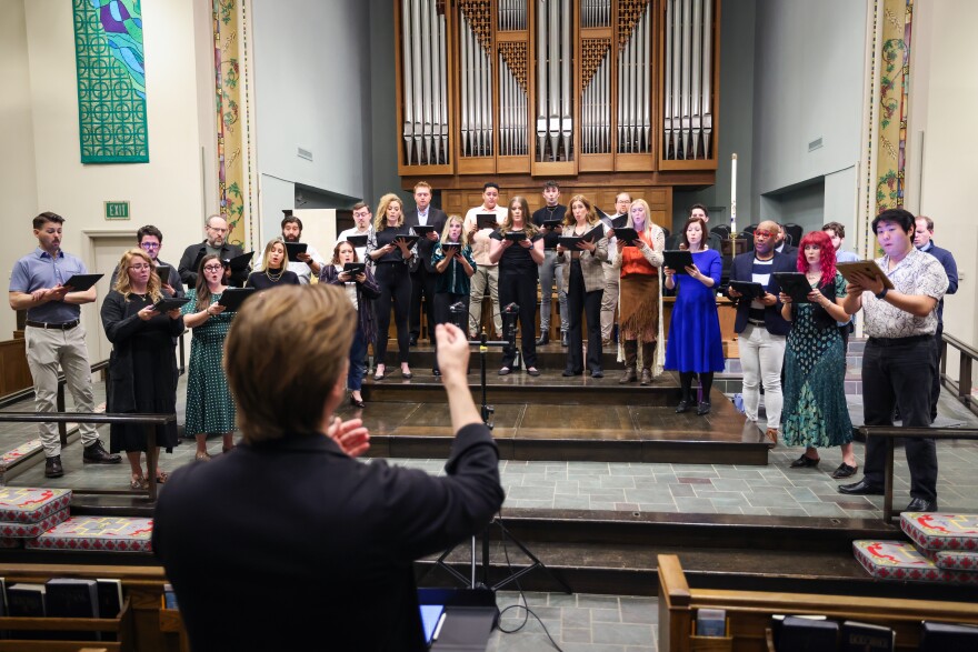 The Orpheus Chamber Singers practice Friday, Jan. 9, 2026, at University Park UMC in Dallas. They will be featured on a BBC special celebrating American music for the U.S. 250th anniversary.
