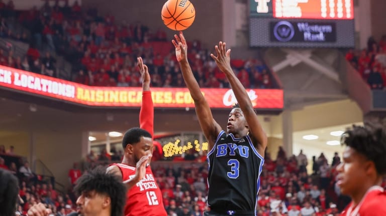 BYU forward AJ Dybantsa (3) shoots against Texas Tech during...