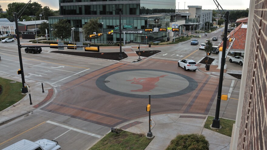 The mustang logo for SMU at the intersection of Hillcrest and Daniel Avenue. Some have argued Gov. Greg Abbott's directive is broad enough that it could be removed.