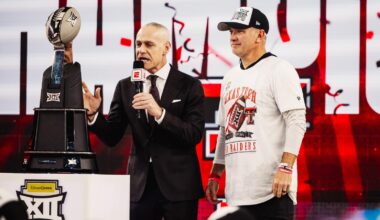 Texas Tech right tackle Jacob Ponton stands in his stance prior to an offensive snap during the Red Raiders' victory at the Big 12 Championship over BYU.