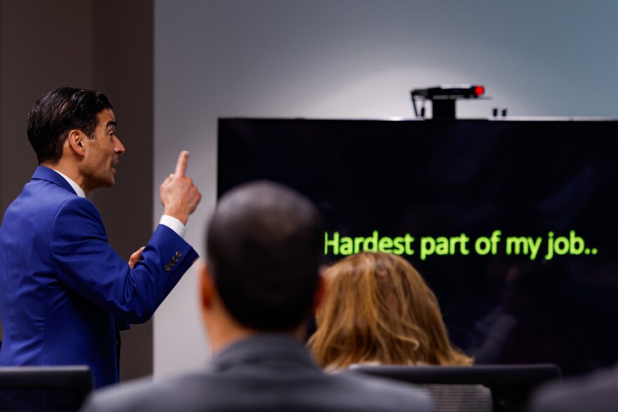 Defense attorney Nico LaHood delivers a closing statement to the jury on the 11th day of the trial for former Uvalde school district police officer Adrian Gonzales at the Nueces County Courthouse on Wednesday, Jan. 21, 2026, in Corpus Christi, Texas.