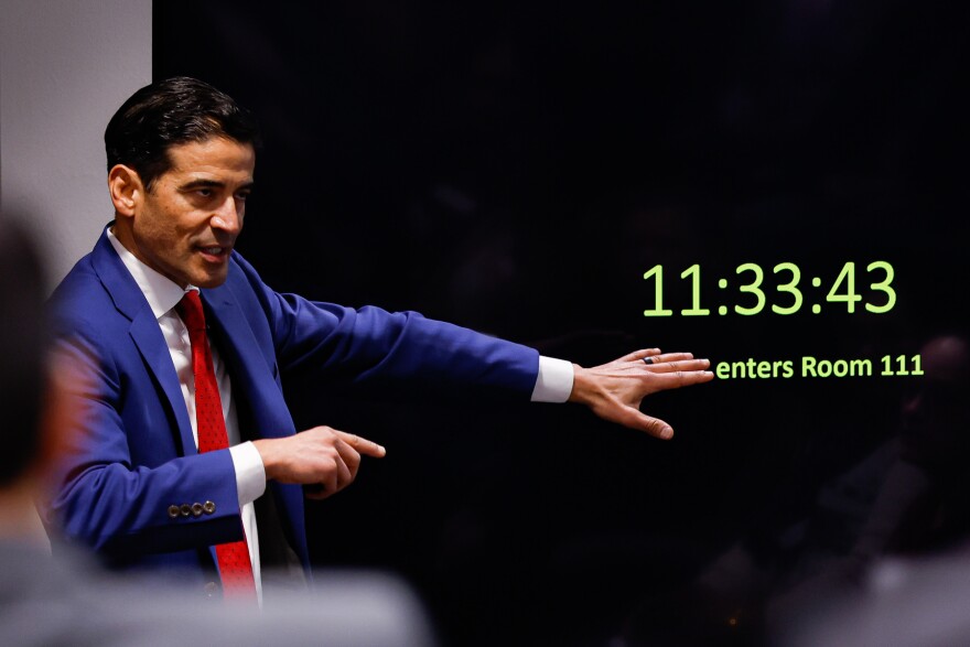 Defense attorney Nico LaHood delivers a closing statement to the jury on the 11th day of the trial for former Uvalde school district police officer Adrian Gonzales at the Nueces County Courthouse on Wednesday, Jan. 21, 2026, in Corpus Christi, Texas.