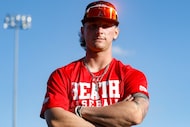 Rockwall-Heath High School senior shortstop, Jett Williams, poses for a portrait at practice...