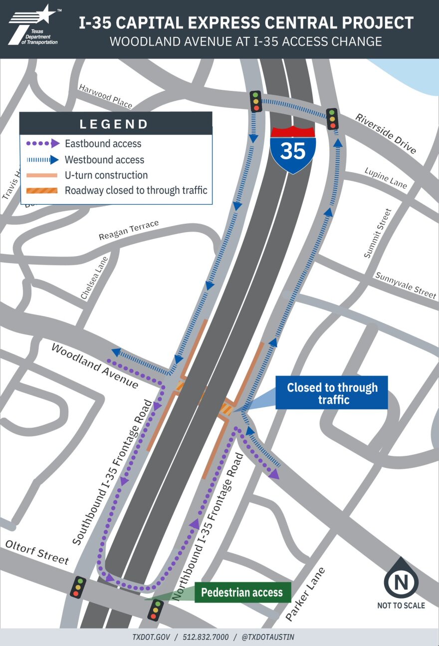 A map showing detours with the closure of Woodland Avenue at I-35.