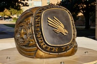 A statue of a UNT class ring is seen on campus, Wednesday, Nov. 5, 2025, in Denton.
