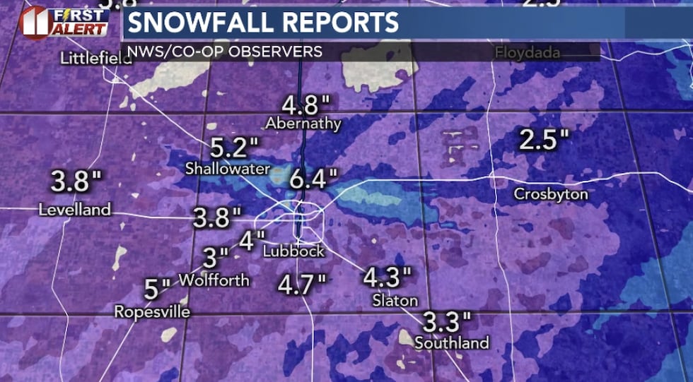 Snowfall reports provided by the National Weather Service.