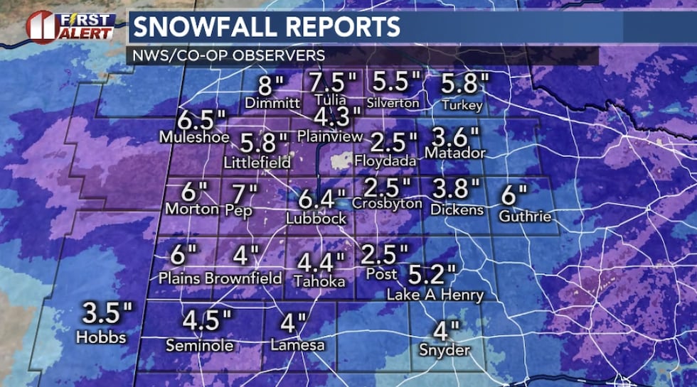 Snowfall reports provided by the National Weather Service.