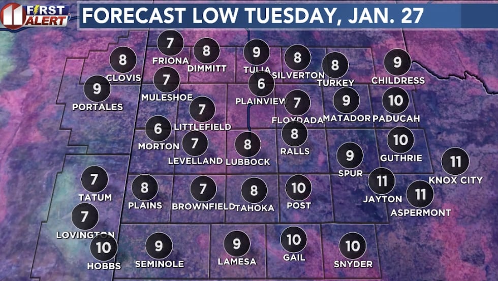 Forecast low temperature Tuesday morning.