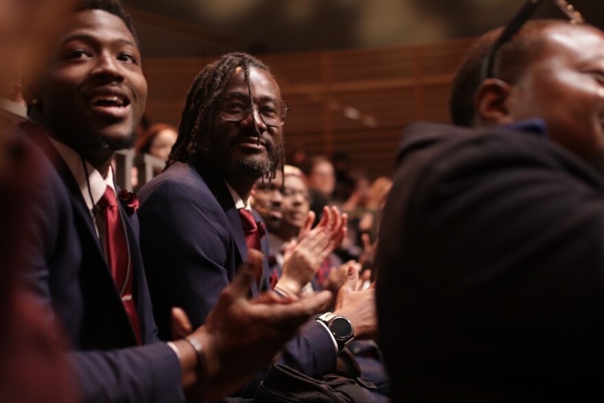 Joshua Saffold (left), a third-year Trumpet player, said performing at the National Collegiate Jazz Competition was a blur. "I walked on and then I walked off," he said.