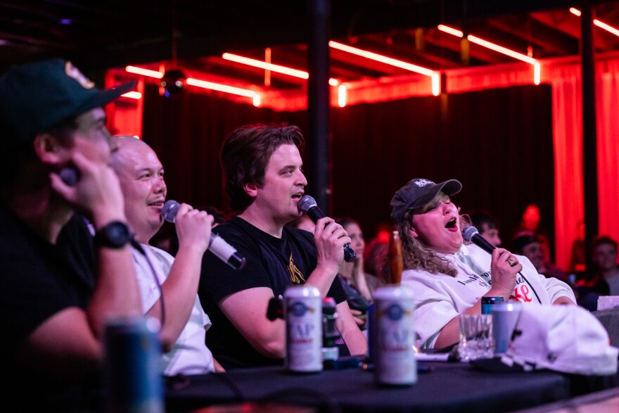 A panel of people are pictured speaking into microphones.