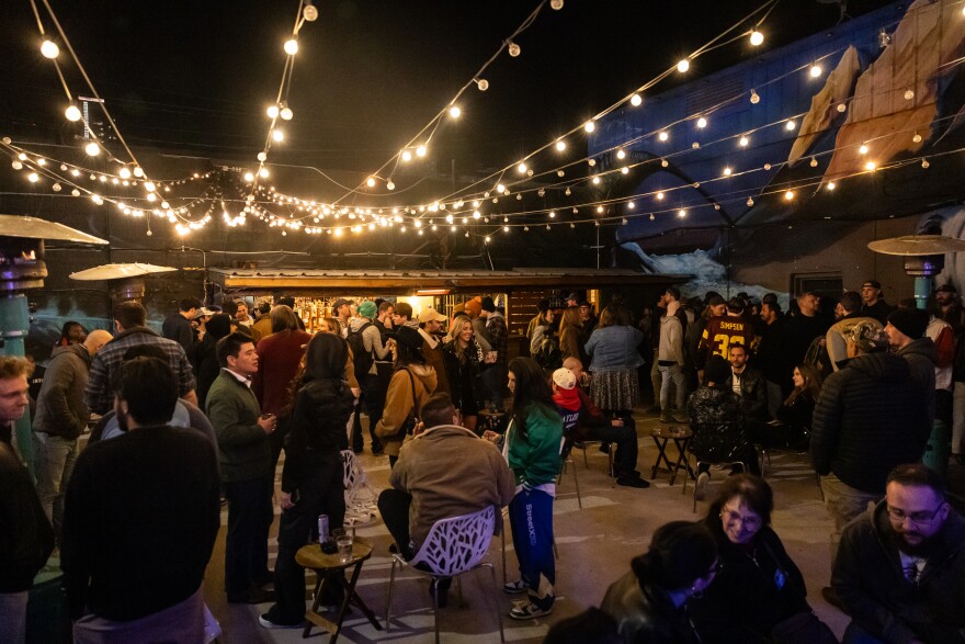 String lights are shown above a crowd standing outdoors.