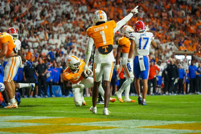 Oct 12, 2024; Knoxville, Tennessee, USA; Tennessee Volunteers defensive back Rickey Gibson III (1) reacts after a fumble by the Florida Gators at Neyland Stadium. Mandatory Credit: Angelina Alcantar/USA TODAY Network via Imagn Images