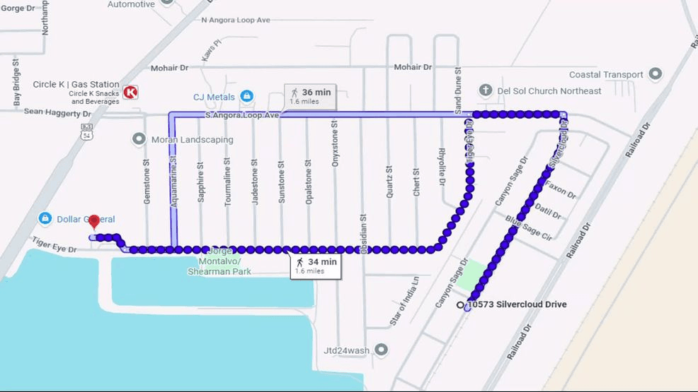 Map of ~2 mile distance from Desertaire elementary school to the Sosa family's home, roughly a 35-minute walk. (Credit: Google Maps)
