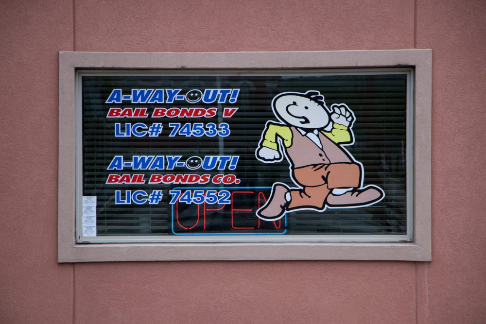 Located near Minute Maid Park, "A-Way-Out! Bail Bonds" is one of many locations of its kind in downtown Houston. Taken on October 17, 2019. 