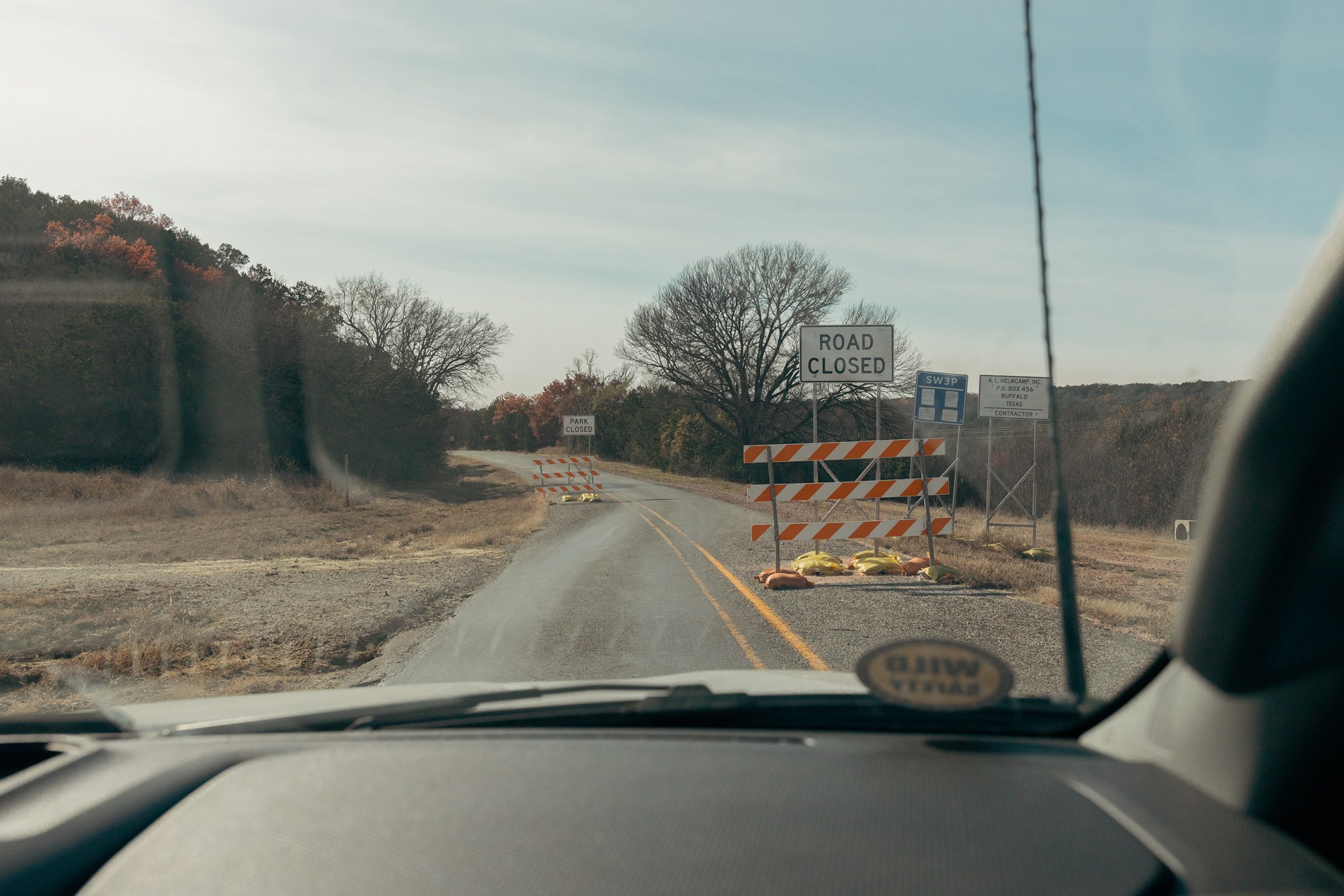 Barricades block the entrance to Palo Pinto Mountains State Park on Dec. 15, 2025. The park is expected to open in 2026.