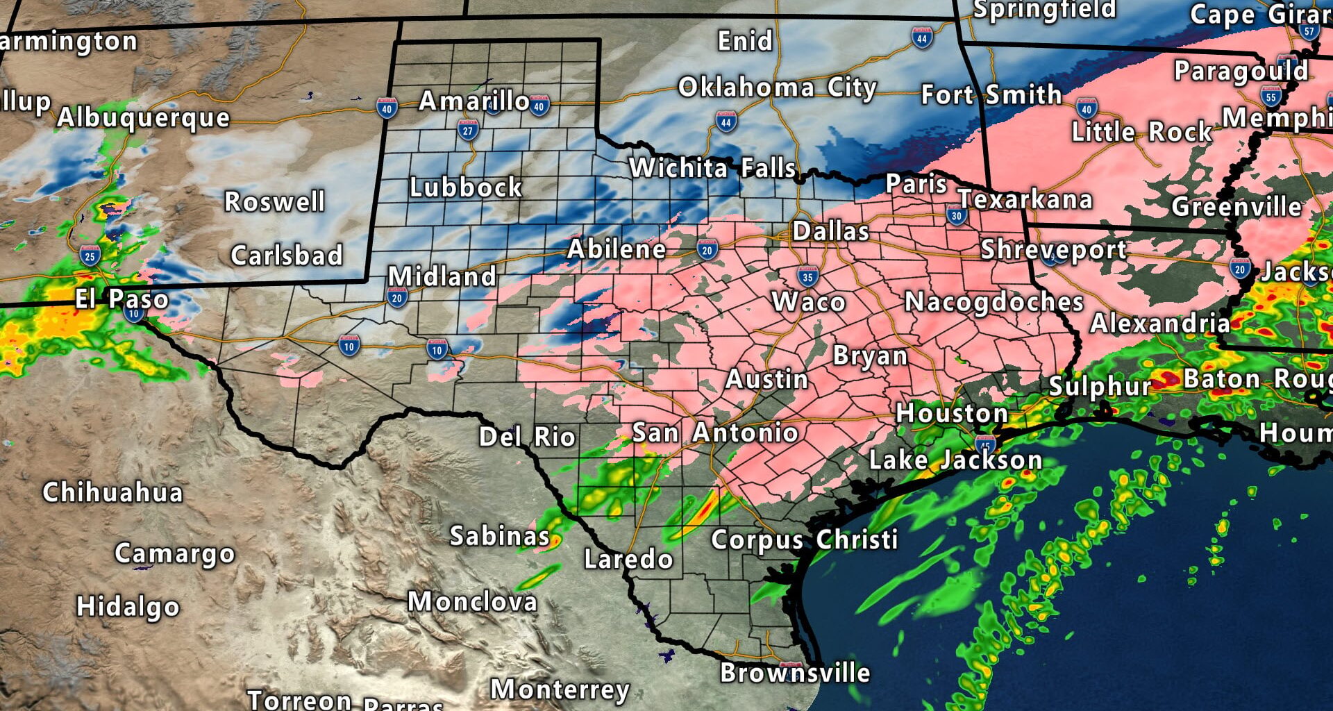 Texas map showing winter weather precipitation types with snow across the Texas Panhandle, sleet and snow from West Texas into North Texas, and widespread freezing rain across Central, East, and Southeast Texas, with rain near the Gulf Coast.