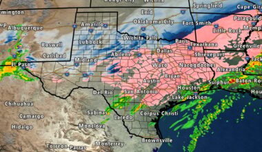 Texas map showing winter weather precipitation types with snow across the Texas Panhandle, sleet and snow from West Texas into North Texas, and widespread freezing rain across Central, East, and Southeast Texas, with rain near the Gulf Coast.