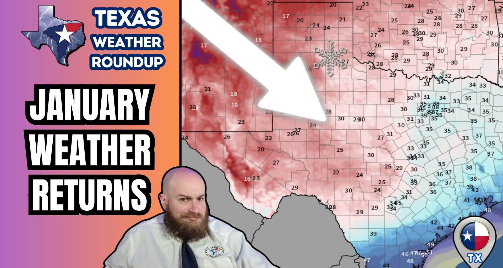 Texas Weather Roundup graphic showing colder January temperatures returning across Texas, with a temperature gradient map, snowflake icon over North Texas, and colder air pushing south behind a cold front.