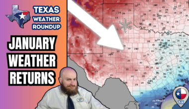 Texas Weather Roundup graphic showing colder January temperatures returning across Texas, with a temperature gradient map, snowflake icon over North Texas, and colder air pushing south behind a cold front.