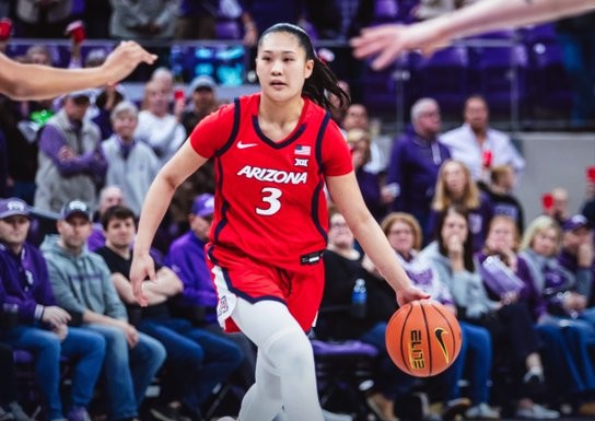 Arizona Wildcat guard Sumayah Sugapong dribbles the ball against TCU in Schollmaier Arena on Jan. 17, 2026
