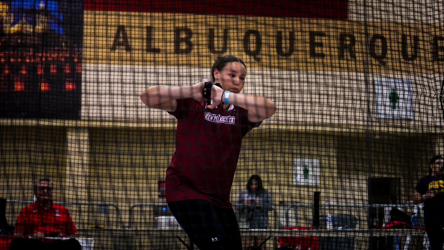 Aggie thrower Alesha Lane competes in the weight throw.