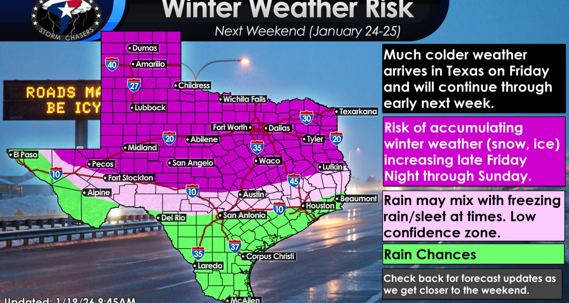 Map showing Texas winter weather risk for January 24–25. Purple shading covers much of North and Central Texas, indicating increasing risk for snow or ice accumulation. Light pink shading across parts of Central Texas represents a low-confidence freezing rain or sleet mix zone. Green shading across South Texas and the Coastal Plains indicates mainly rain chances. Text notes much colder weather arriving Friday and continuing into early next week, with winter weather risk increasing late Friday night through Sunday.