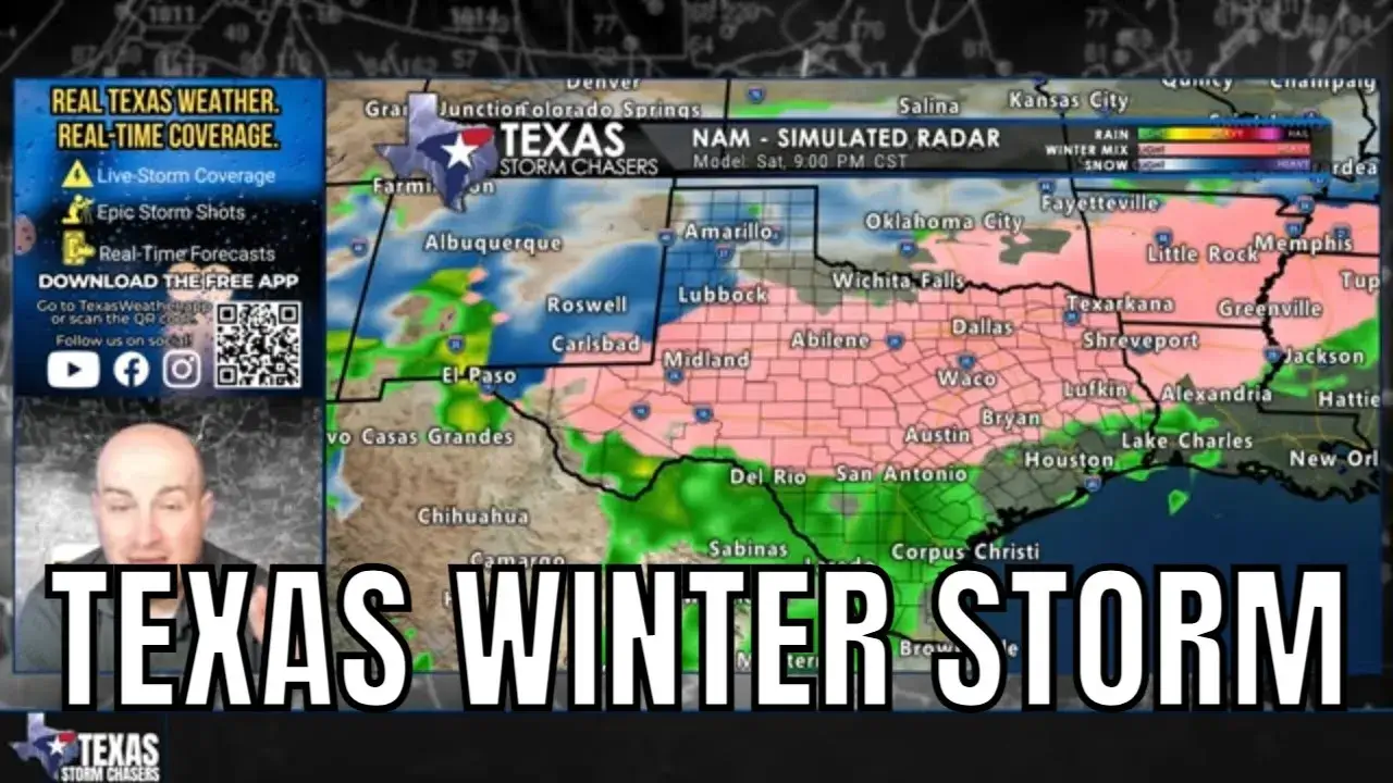 Texas Storm Chasers video thumbnail showing a weather map labeled “NAM Simulated Radar” with rain in green and winter precipitation in pink spreading across much of Texas. A small presenter video window appears on the left alongside an app download panel with a QR code. Large text across the bottom reads “TEXAS WINTER STORM.”