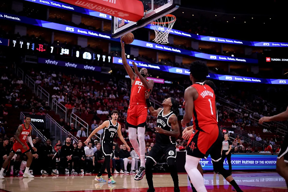 Oct 27, 2025; Houston, Texas, USA; Houston Rockets forward Kevin Durant (7) shoots inside against the Brooklyn Nets during the first quarter at Toyota Center. Mandatory Credit: Erik Williams-Imagn Images