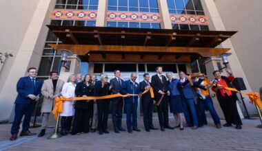 The University of Texas at El Paso celebrated the grand opening of Texas Western Hall this morning, unveiling a transformative 124,725-square-foot learning complex that will serve as a hub for teaching and campus life. Pictured (L-R): Liberal Arts Assistant Dean Rafael Valadez, Creative Writing Department Chair Daniel Chacon, Associate Dean for Undergraduate Studies Selfa Chew, History Department Chair Ernesto Chavez, Associate Dean for Research and Graduate Studies Caitlyn Muniz, Director of Advancement for the College of Liberal Arts John Aranda, Associate Dean for Faculty Charles Boehmer, College of Liberal Arts Dean Anadeli Bencomo, State Rep. Vince Perez, State Rep. Joe Moody, State Sen. Cesar Blanco, SGA President Ryan Boatright, UTEP President Heather Wilson, University of Texas System Chancellor John Zerwas, Sylvia Zerwas, UTEP Mascot Paydirt Pete and City Rep. Lily Limon.