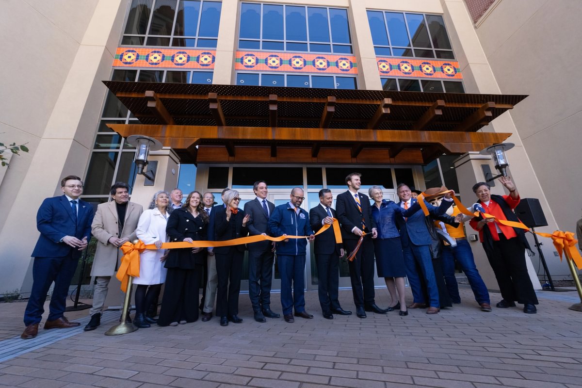 The University of Texas at El Paso celebrated the grand opening of Texas Western Hall this morning, unveiling a transformative 124,725-square-foot learning complex that will serve as a hub for teaching and campus life. Pictured (L-R): Liberal Arts Assistant Dean Rafael Valadez, Creative Writing Department Chair Daniel Chacon, Associate Dean for Undergraduate Studies Selfa Chew, History Department Chair Ernesto Chavez, Associate Dean for Research and Graduate Studies Caitlyn Muniz, Director of Advancement for the College of Liberal Arts John Aranda, Associate Dean for Faculty Charles Boehmer, College of Liberal Arts Dean Anadeli Bencomo, State Rep. Vince Perez, State Rep. Joe Moody, State Sen. Cesar Blanco, SGA President Ryan Boatright, UTEP President Heather Wilson, University of Texas System Chancellor John Zerwas, Sylvia Zerwas, UTEP Mascot Paydirt Pete and City Rep. Lily Limon.