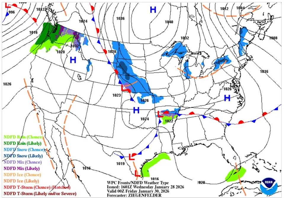 Another cold front is in the forecast for Thursday night, but this one will move through Texas dry, bringing blustery north winds and cooler temperatures. (Weather Prediction Center)