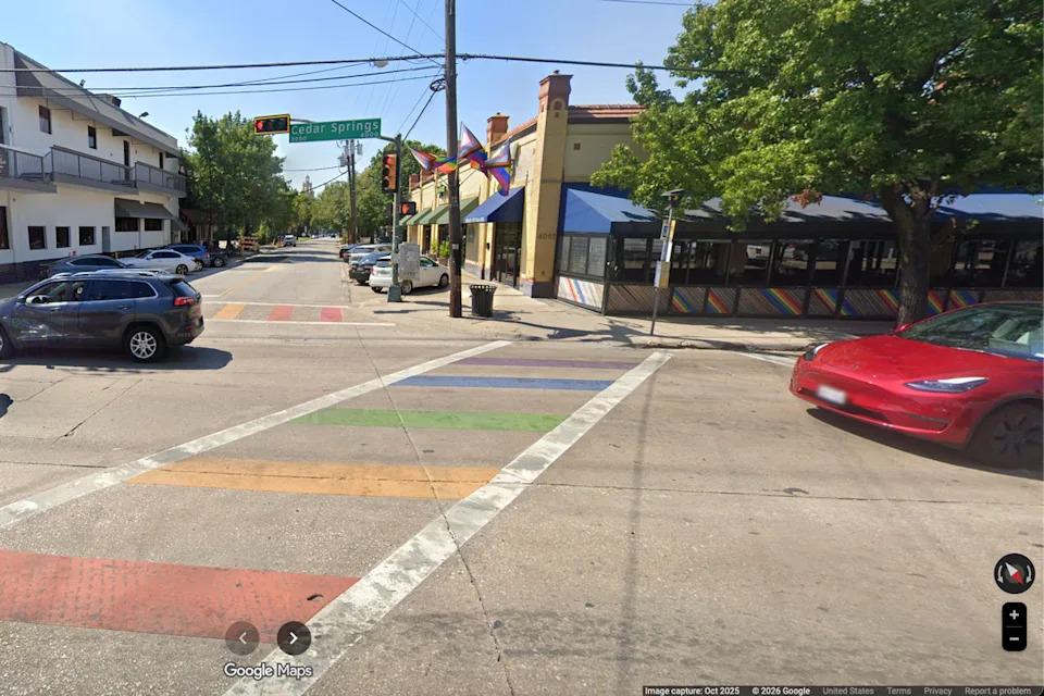 The rainbow crosswalks in Dallas' Cedar Springs and Oak Lawn area — as well as a 'Black Lives Matter' street mural and other 'non-standard' pavement markings will have to be removed per orders from Texas Governor Greg Abbott. If the city does not remove the murals, it could lose millions in state funding (Google Maps)