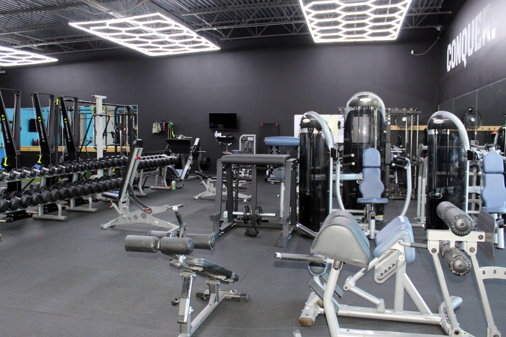 Exercise machines in a gym.