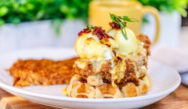 Eggs benedict with chicken and waffles.