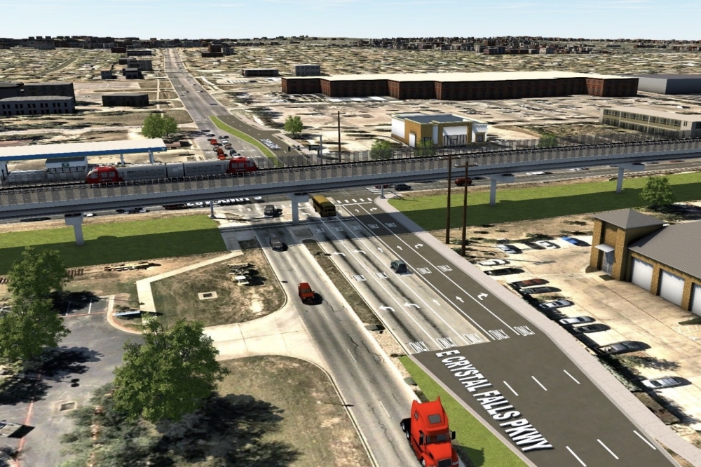 A rendering shows what the proposed rail grade separation over Crystal Falls Parkway at the intersection with US 183 could look like. (Courtesy of the city of Leander)