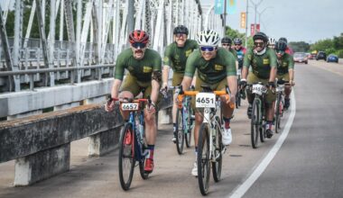 Participants in a past MS 150 ride across the Loop 150 bridge in Bastrop. (Courtesy National MS Society)