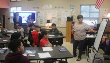 Superintendent Matias Segura and Guerrero Thompson Elementary Principal Briana Garcia visited classrooms on the first day of school Aug. 19. About 75% of Barrington Elementary students will attend Guerrero Thompson next school year. (Chloe Young/Community Impact)