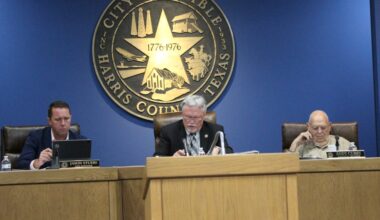 Pictured during an October 2024 Council meeting is City Manager Jason Stuebe, left, Mayor Norman Funderburk, center, and council member Andy Curry, right.