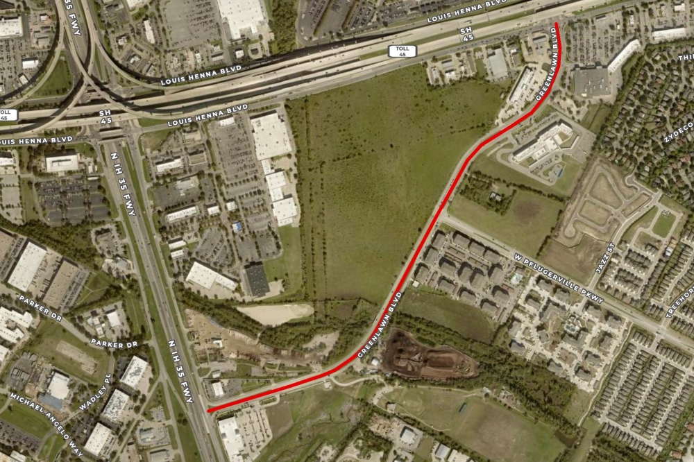 The move would temporarily decrease the speed limit from 45 mph to 35 mph on Greenlawn Boulevard from I-35 to Louis Henna Boulevard, if approved. (Courtesy city of Round Rock)