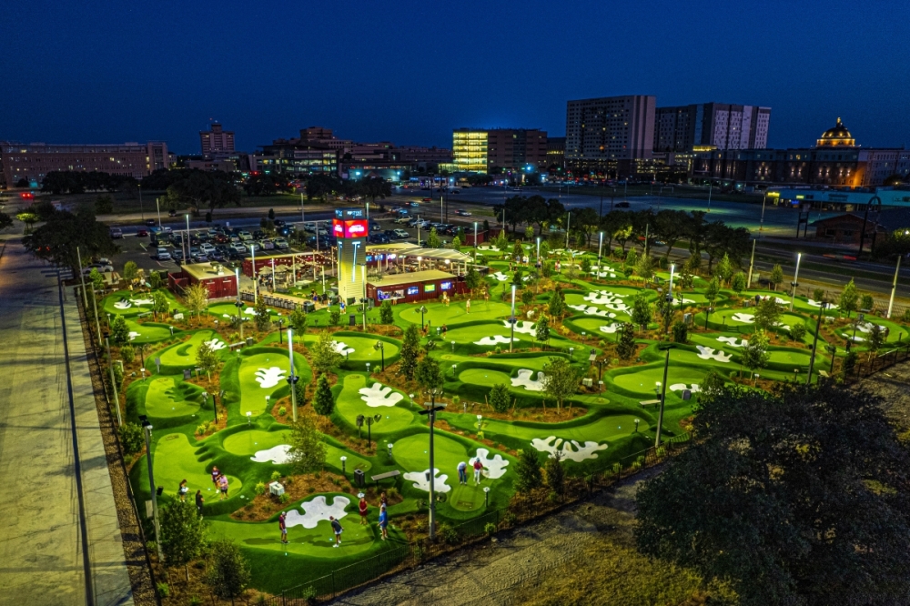 A birds-eye view of PopStroke in College Station shows the mini-golf courses, outdoor dining areas and entertainment spaces headed to Cedar Park. (Courtesy PopStroke)