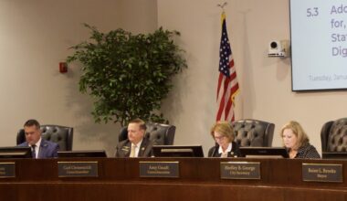 Members of Allen City  Council sitting in a meeting