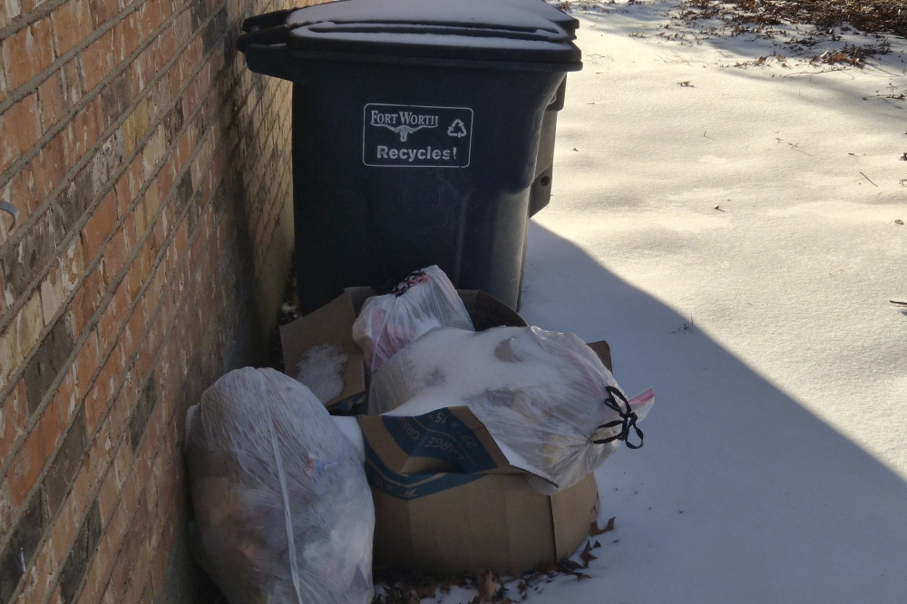 A Fort Worth recycling and trash can on Jan. 26, 2026.