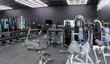 Workout equipment in a gym.