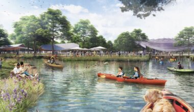 Civic Park, the first phase of construction at Grand Park, will include a pond big enough for water sports like kayaking. (Rending courtesy city of Frisco)