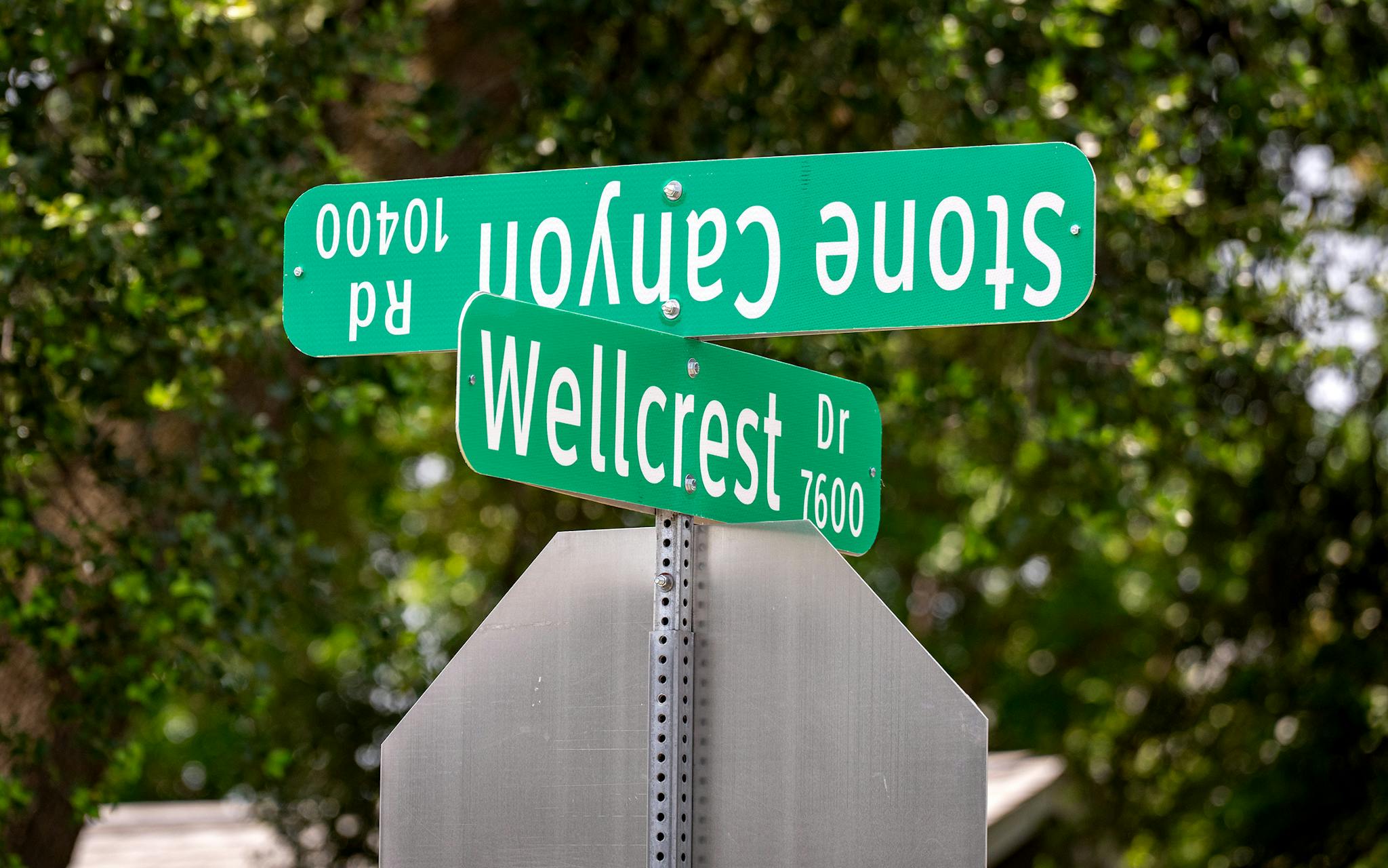 May 31 1:20 P.M. A street sign for Stone Canyon Road is inexplicably upside down near Hillcrest High School.
