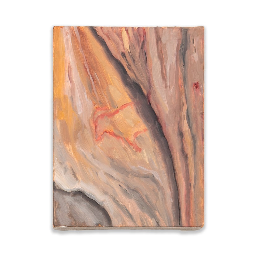 Erika Jaeggli's 2025 oil-on-linen work "Grottes de Cougnac" depicts prehistoric cave art in...