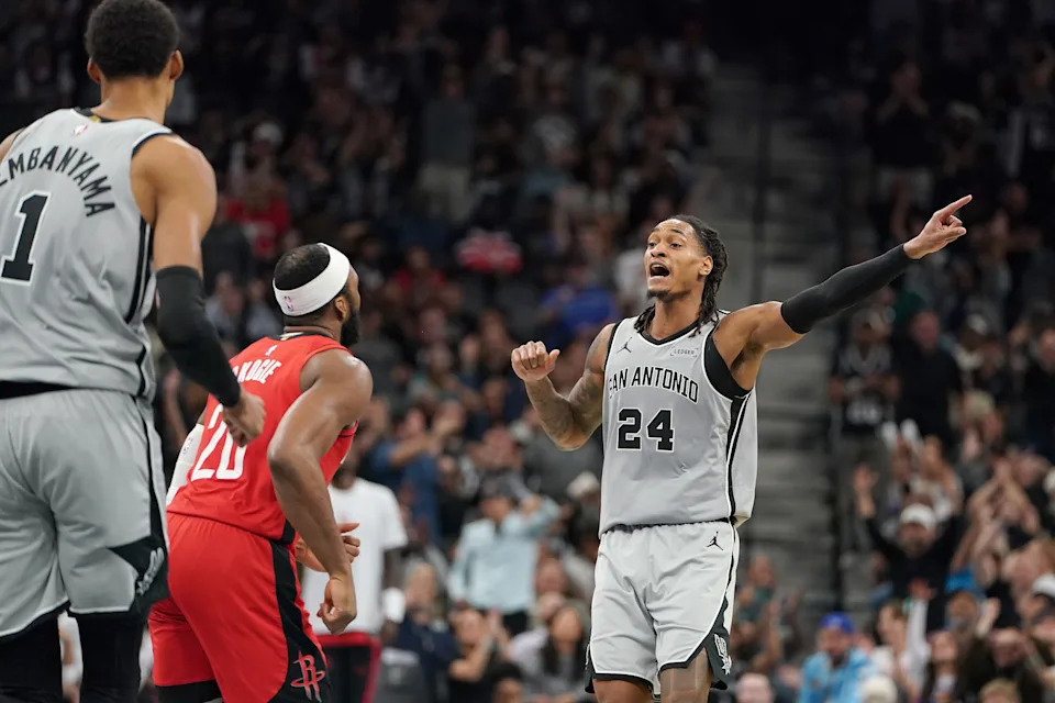 Nov 7, 2025; San Antonio, Texas, USA; San Antonio Spurs guard Devin Vassell (24) reacts during the second half against the Houston Rockets at Frost Bank Center. Mandatory Credit: Dustin Safranek-Imagn Images